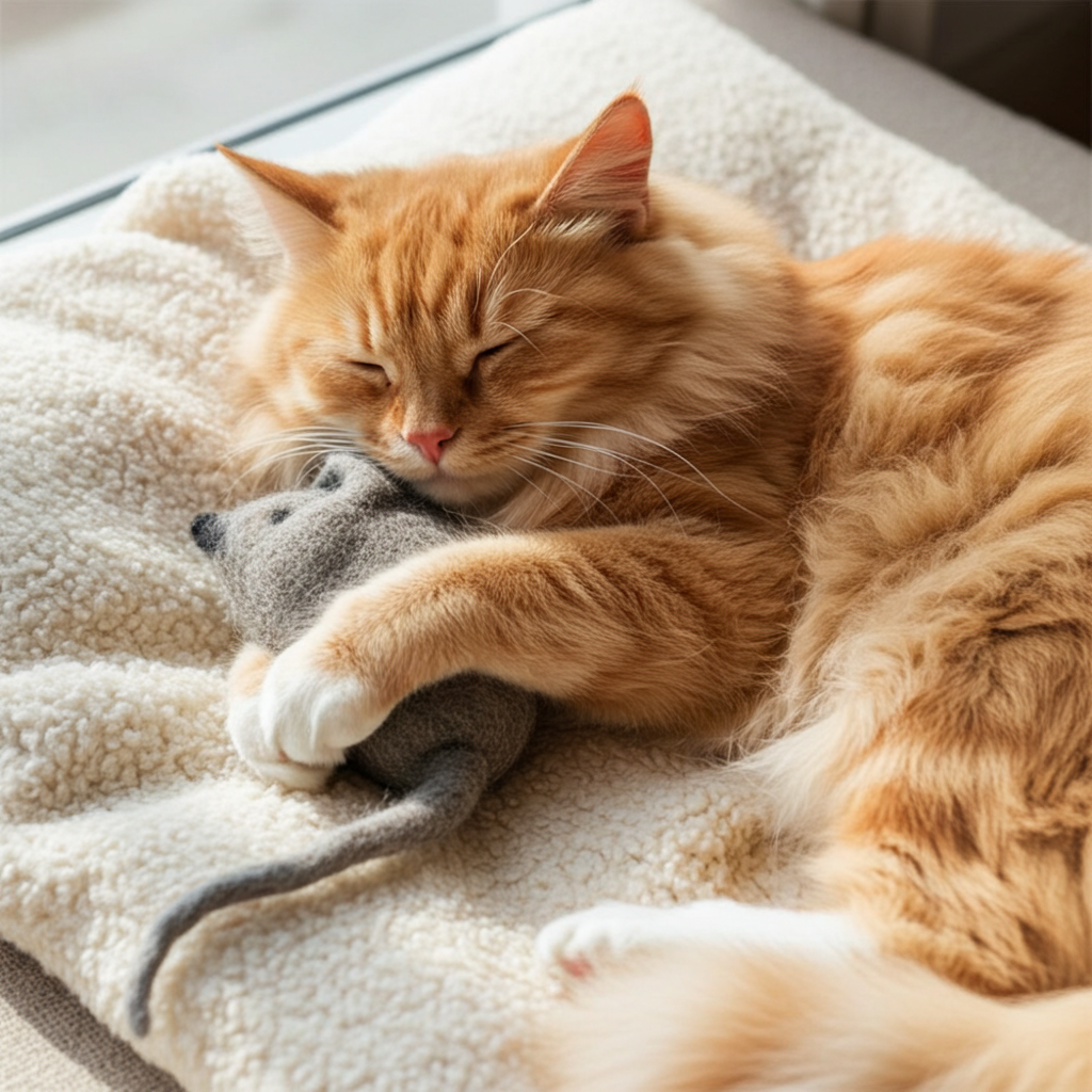 Orange cat playing with a gray wool felted mouse toy on a soft blanket