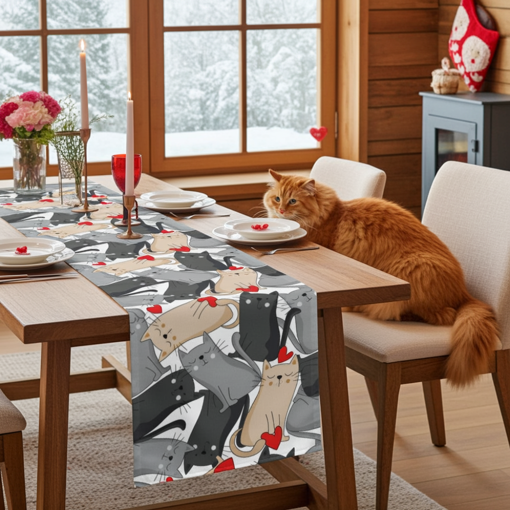 Dining room with a cat sitting on a chair next to a table with a cat-themed tablecloth.