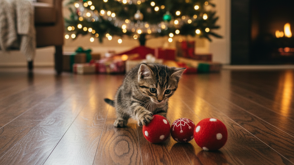 tiny striped kitten playing with Christmas themed wool felt ball cat toys on a hardwood floor under a Christmas tree