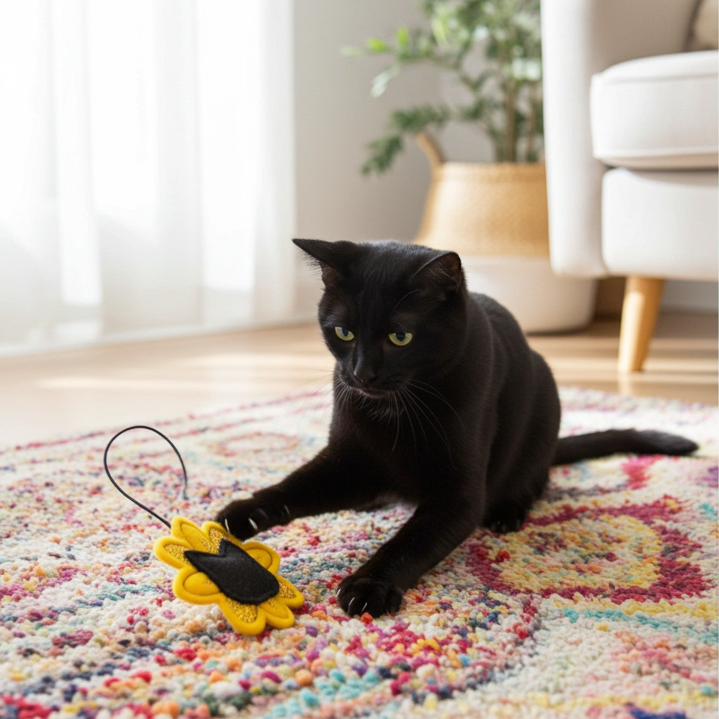 Black cat playing with a yellow flower-shaped toy on a colorful rug.