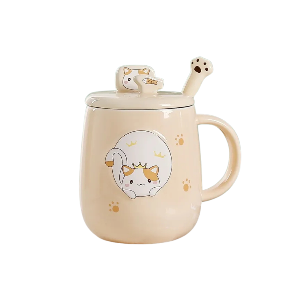 Ceramic mug with cat design and lid on a white background