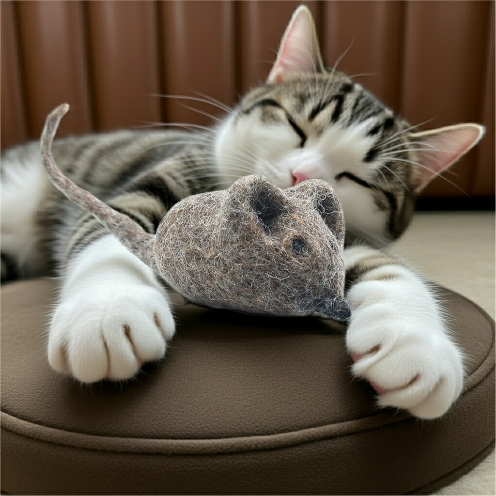 Cat playing with a toy mouse on a cushion