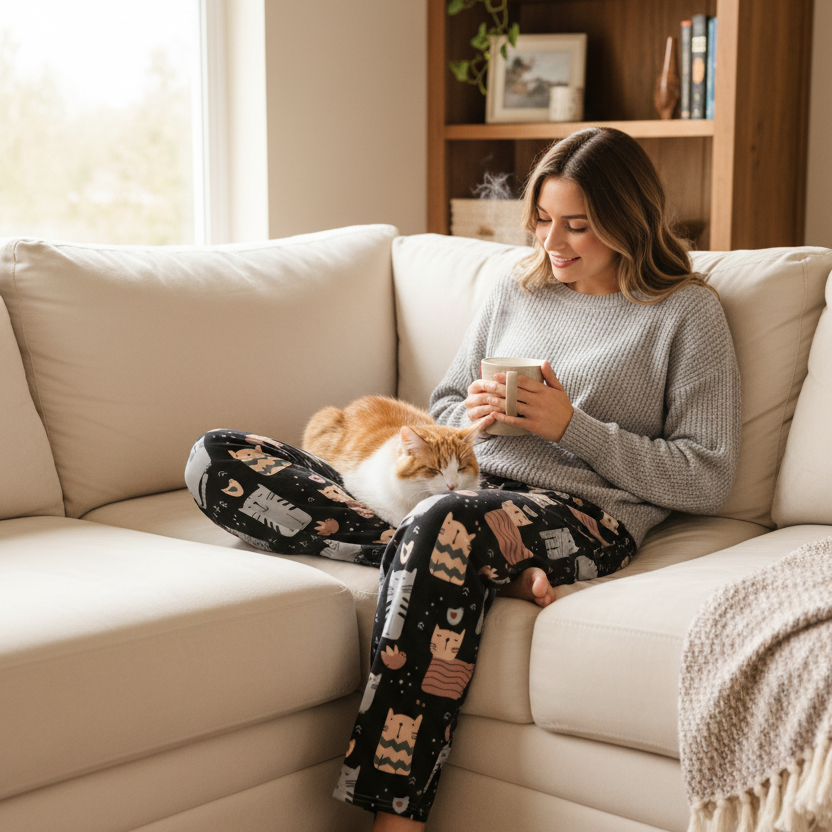 Woman sitting on a couch with a cat, holding a mug in a cozy living room.