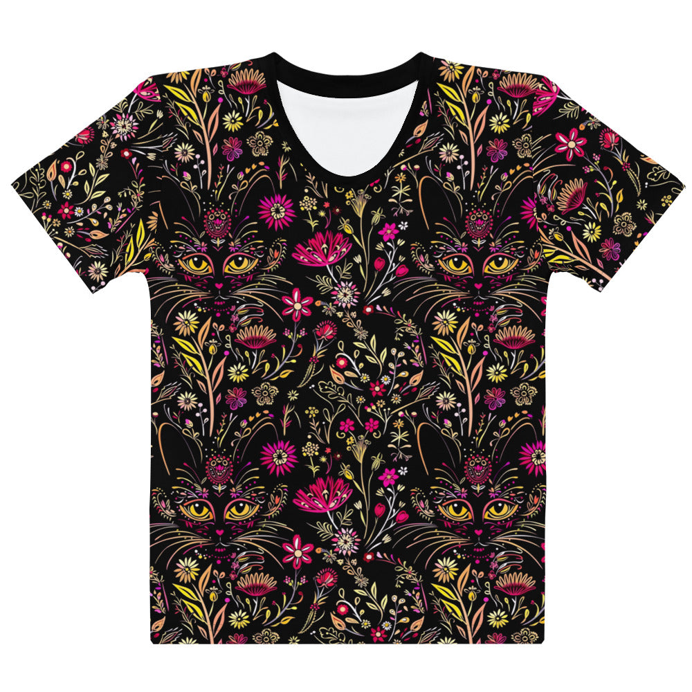 Black tee shirt with colorful floral pattern with hidden cats