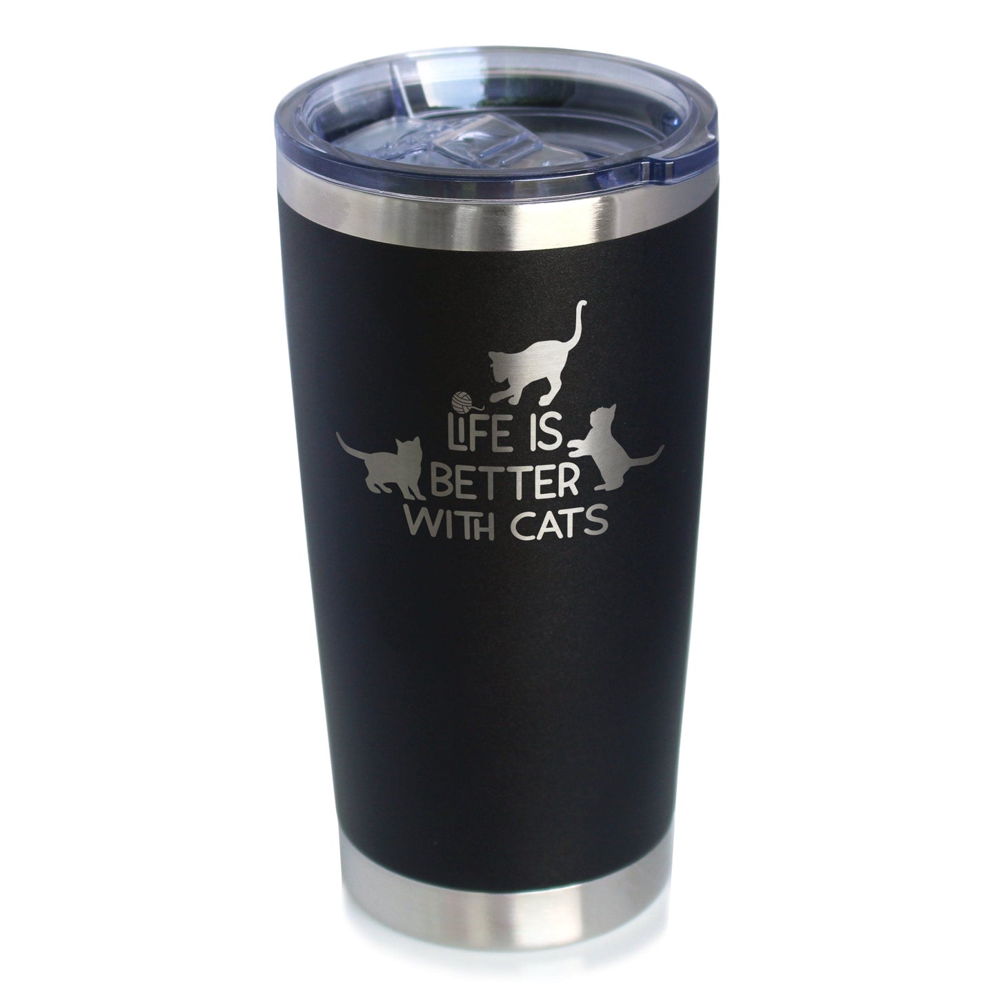 A black stainless steel coffee tumbler with a sliding lid and text 'Life is Better with Cats' printed on the side.