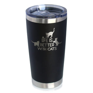 A black stainless steel coffee tumbler with a sliding lid and text 'Life is Better with Cats' printed on the side.