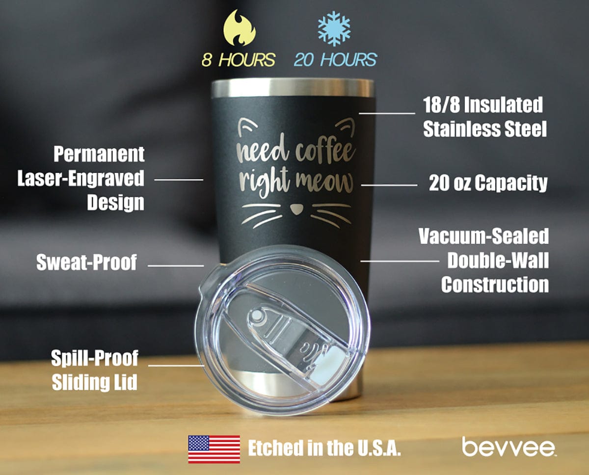 Need Coffee Right Meow - Insulated Cat Themed Coffee Tumbler Cup with Sliding Lid