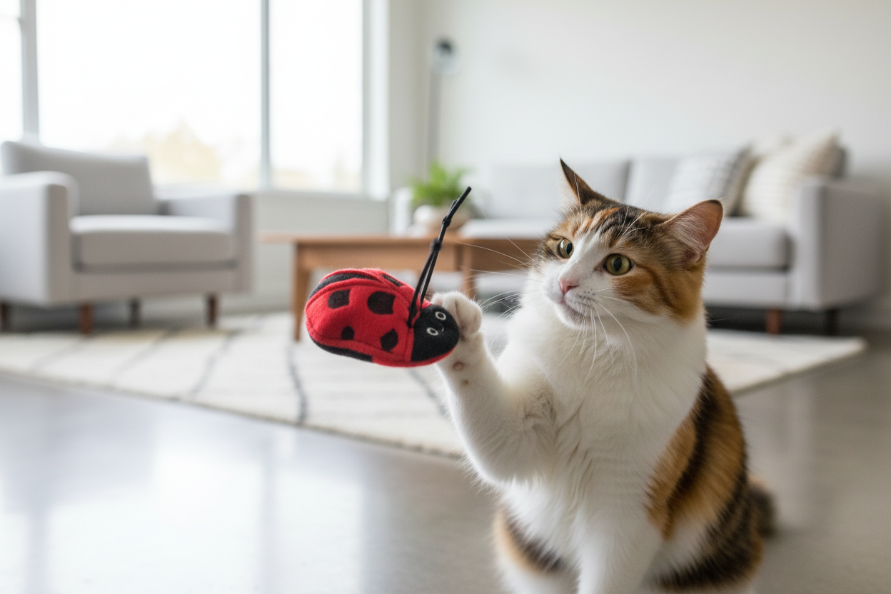 Cat playing with a red and black Ladybug Cat Toy in a living room.