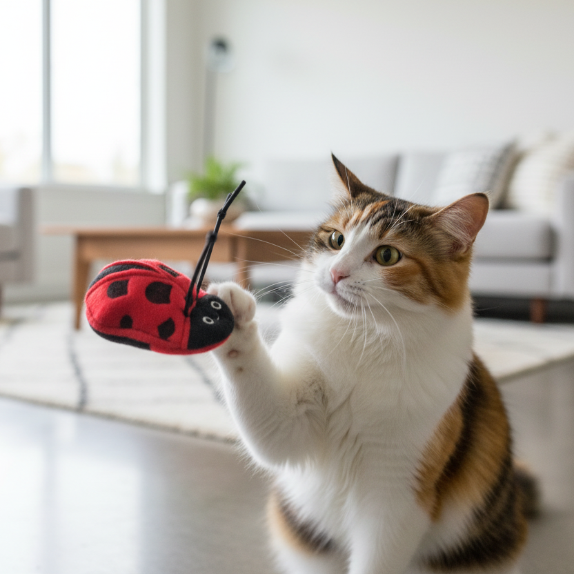 Cat playing with a red and black Ladybug Cat Toy in a living room.