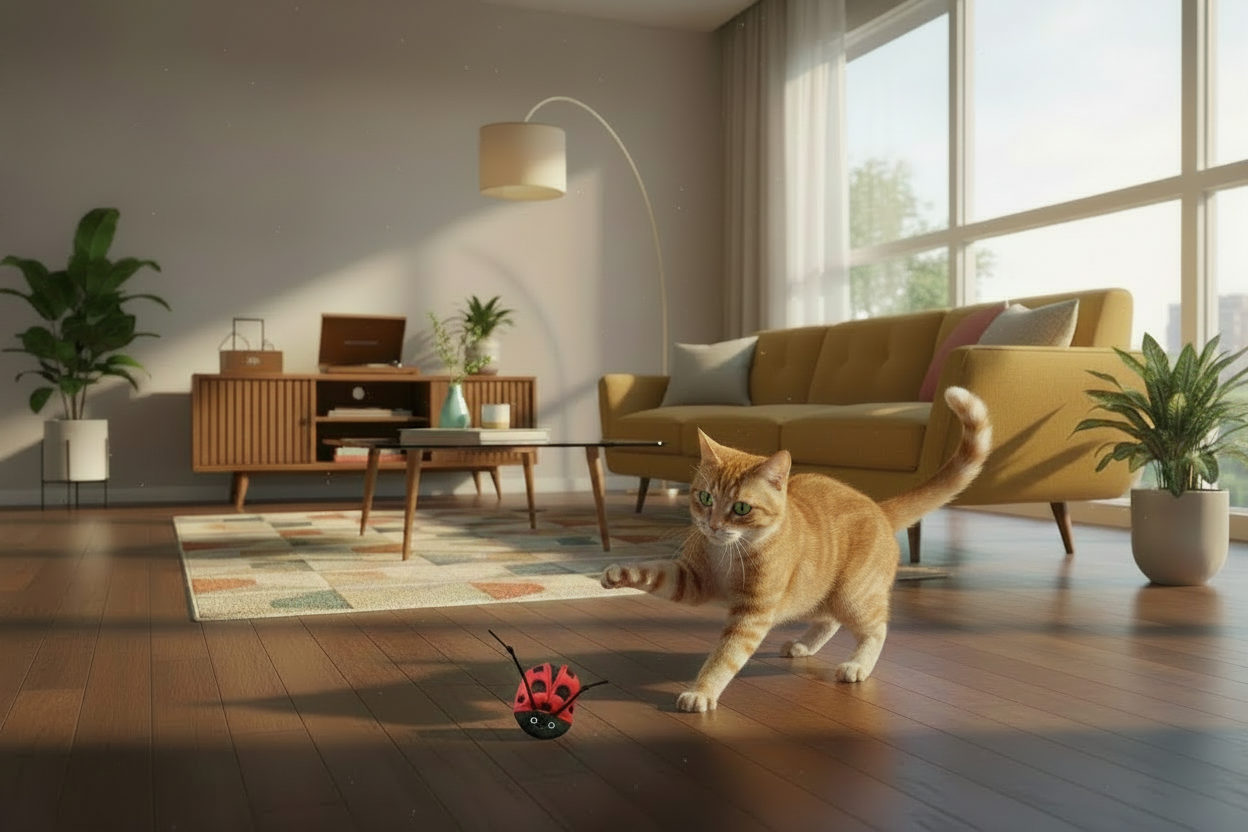 Cat playing with a Ladybug Cat Toy on a wooden floor in a modern living room.