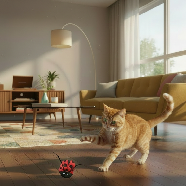 Cat playing with a Ladybug Cat Toy on a wooden floor in a modern living room.