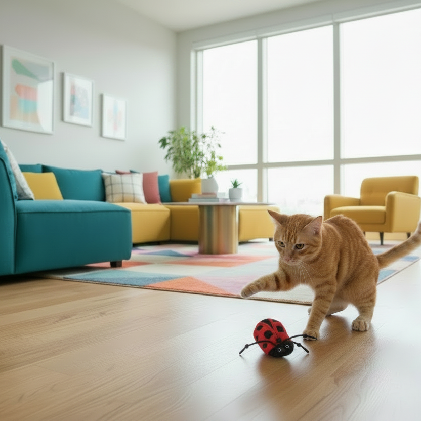 Orange cat playing with a Ladybug Cat Toy on a wooden floor in a modern living room.