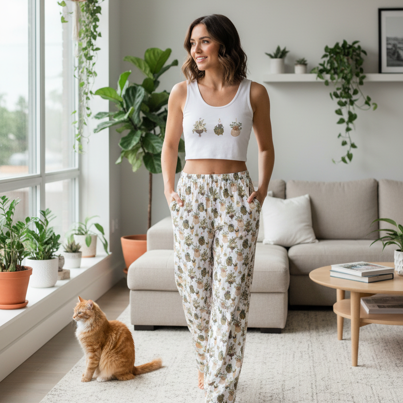 Woman in a white tank top and patterned pants standing in a living room with a cat and plants.