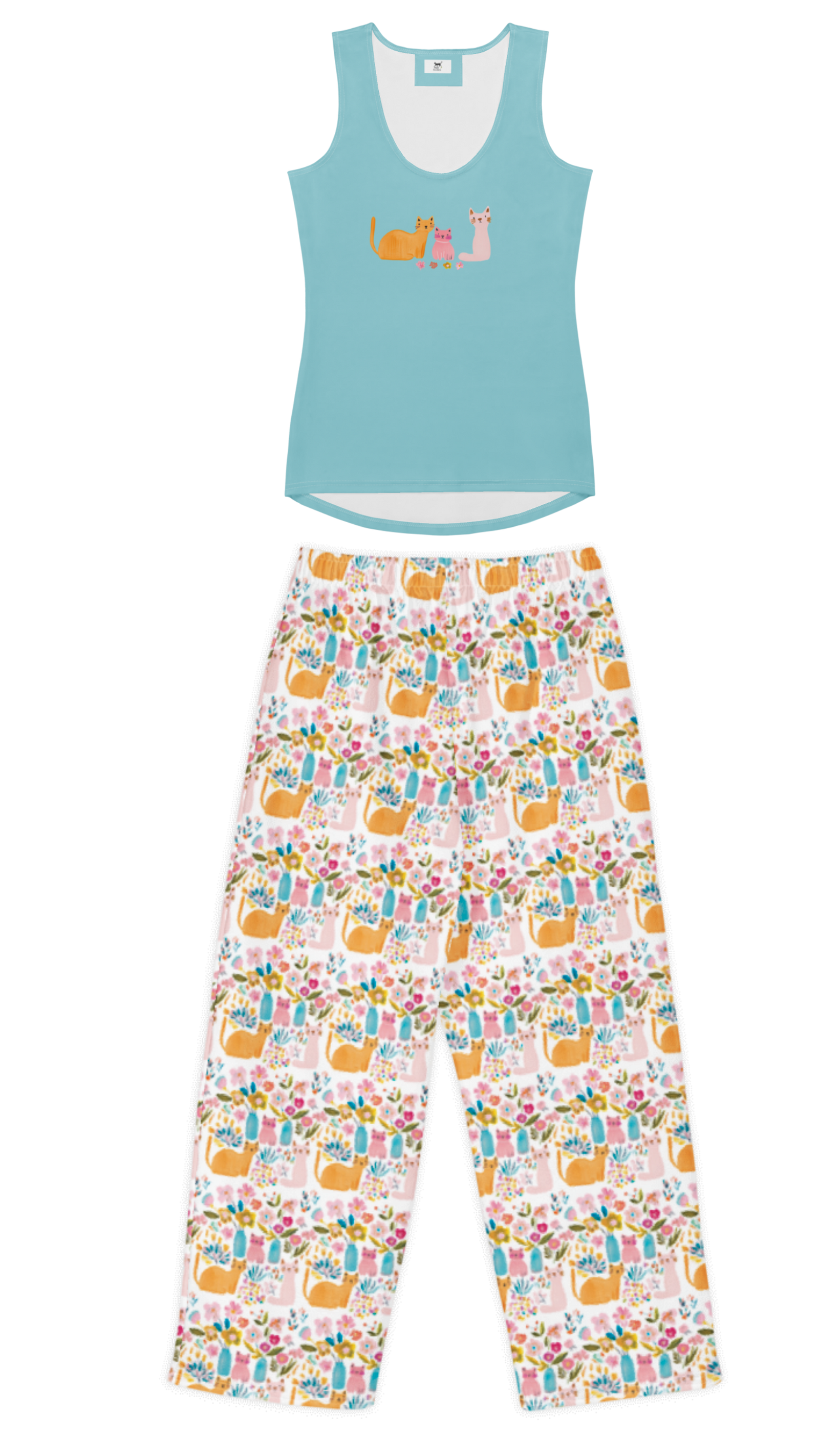 A two-piece cotton loungewear set featuring a light blue tank top with a colorful cat graphic on the chest, and matching white pants with a vibrant multicolor cat pattern.