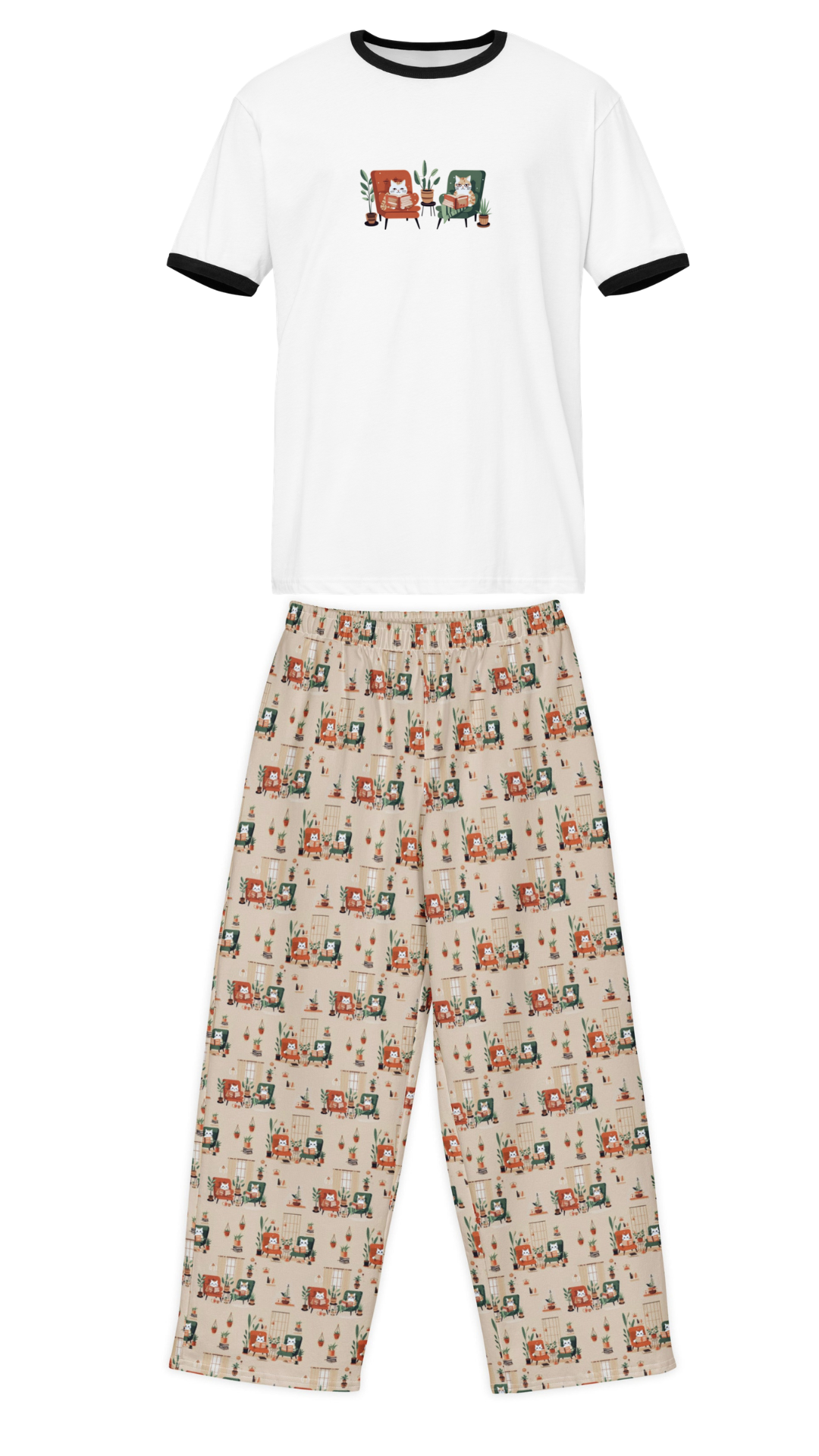 A two-piece pajama set featuring a white short-sleeve ringer T-shirt with black trim and a colorful retro graphic on the chest, paired with beige wide-leg pants covered in a repeating vintage car pattern.