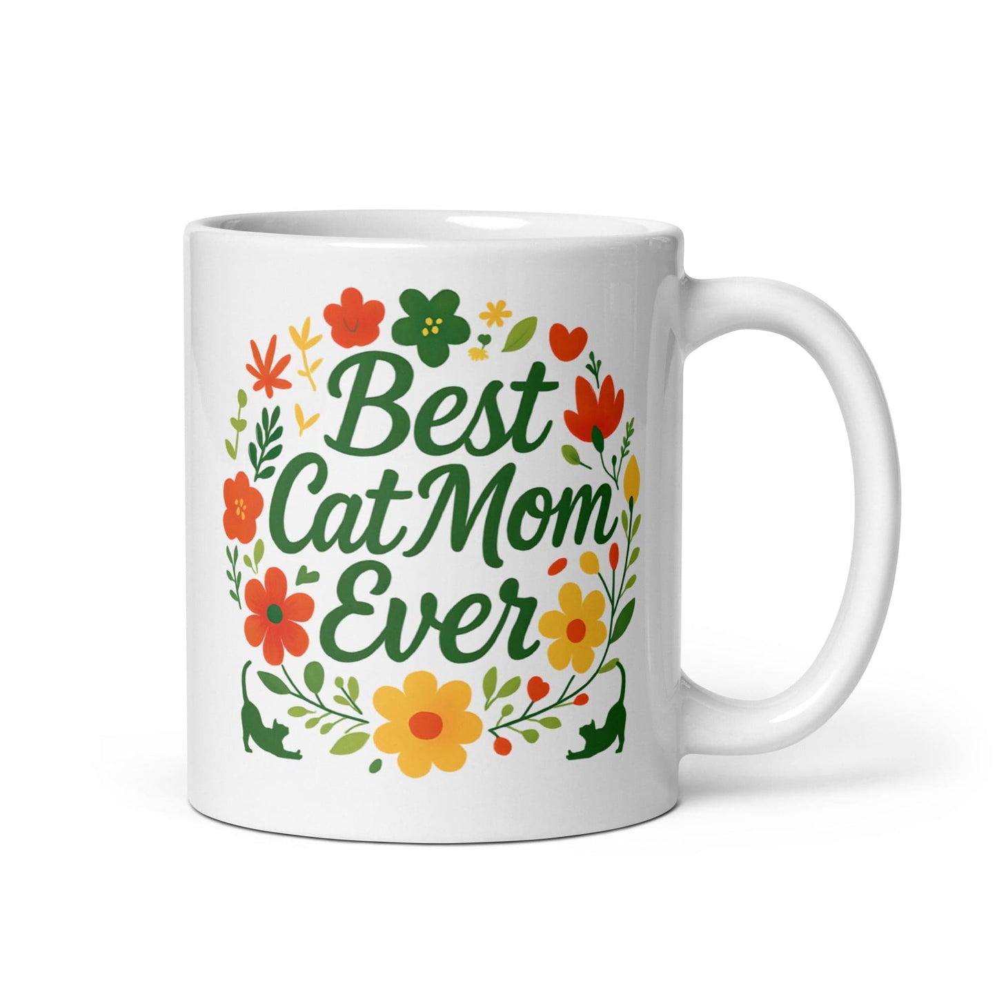A white ceramic mug with a colorful floral design and the text 'Best Cat Mom Ever' displayed prominently in the center.