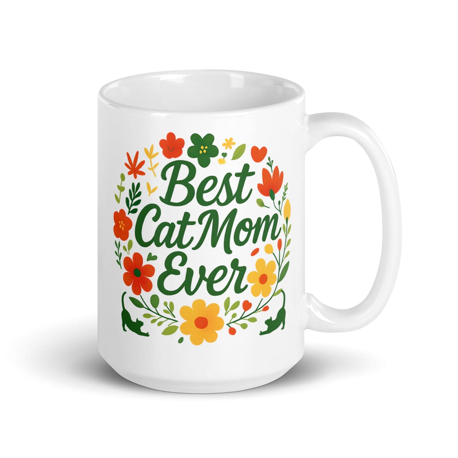 A white ceramic mug with a colorful floral design and the text 'Best Cat Mom Ever' displayed prominently in the center.