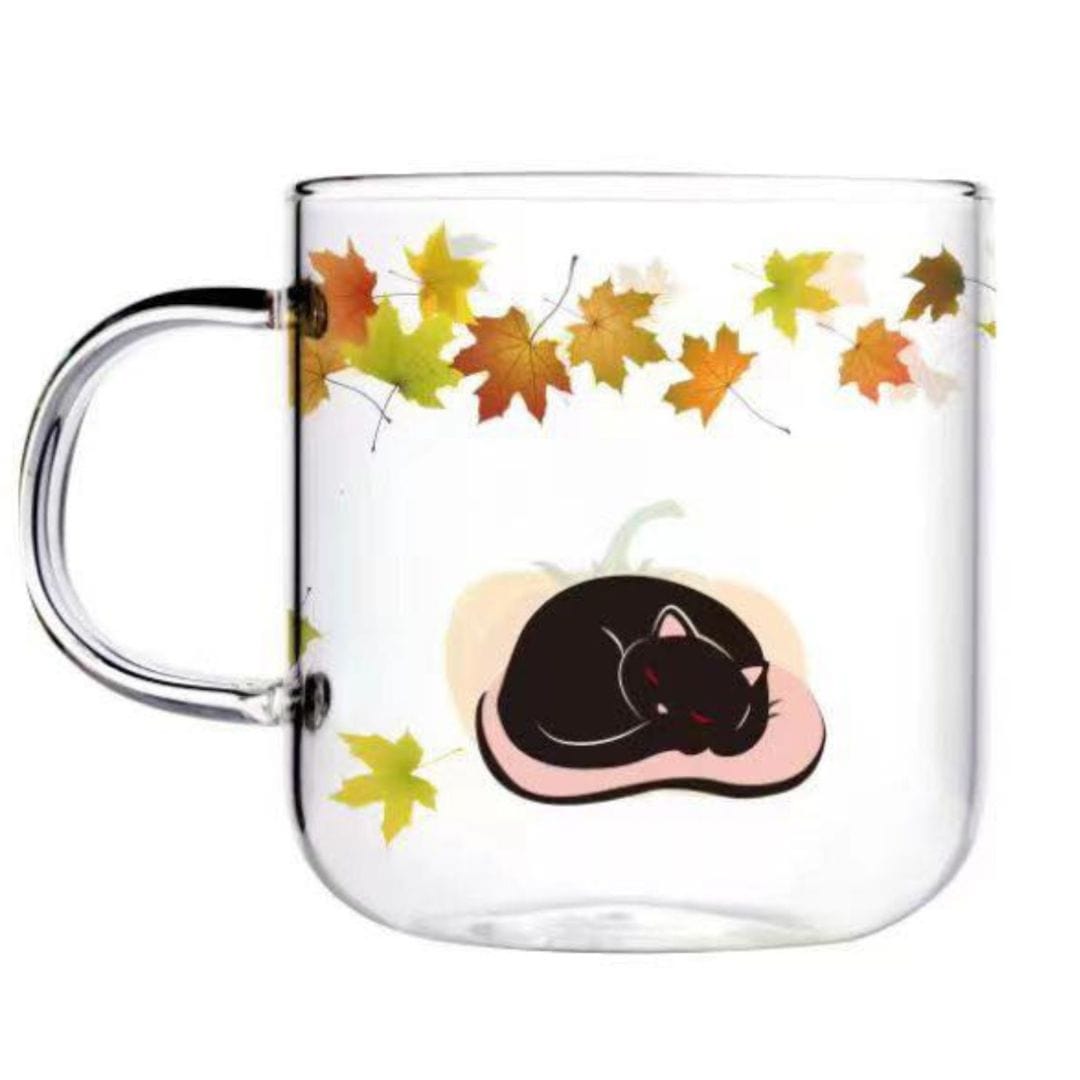 Fall Sleeping Black Cat Glass Mug