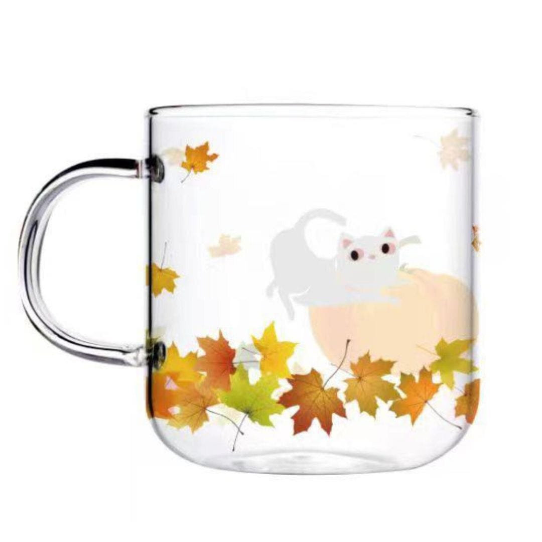 Fall Playful White Cat Glass Mug