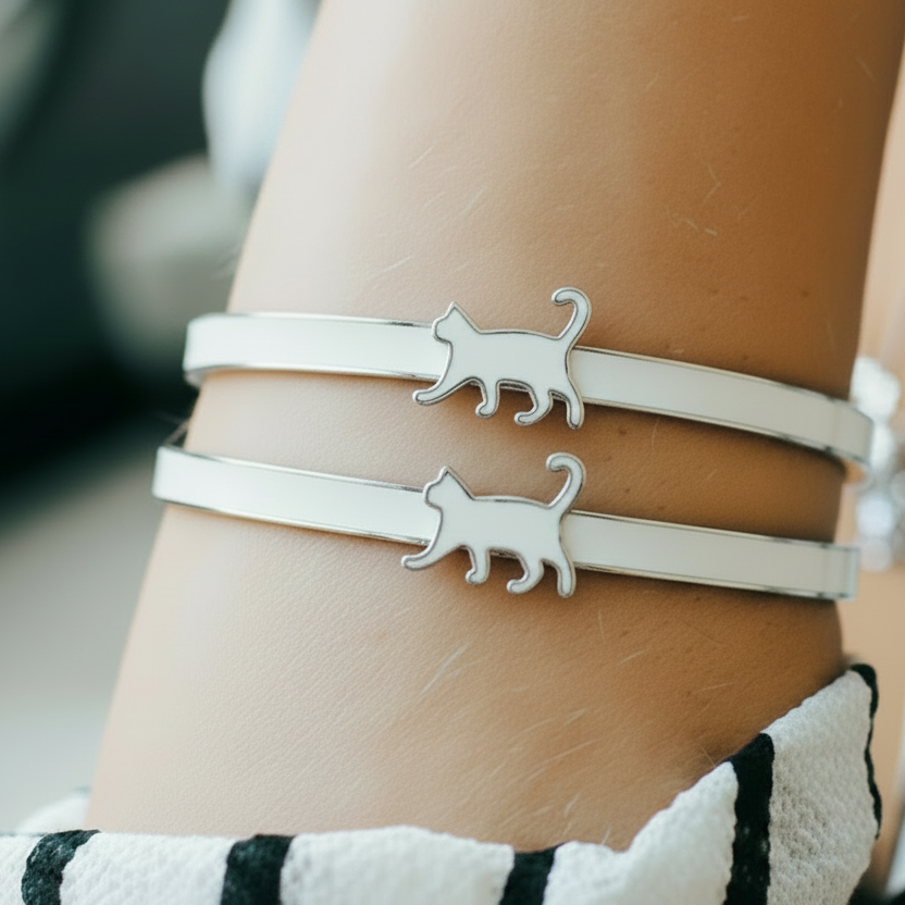 Two slim white wrap bracelets with silver cat-shaped clasps, shown worn on a person's wrist.