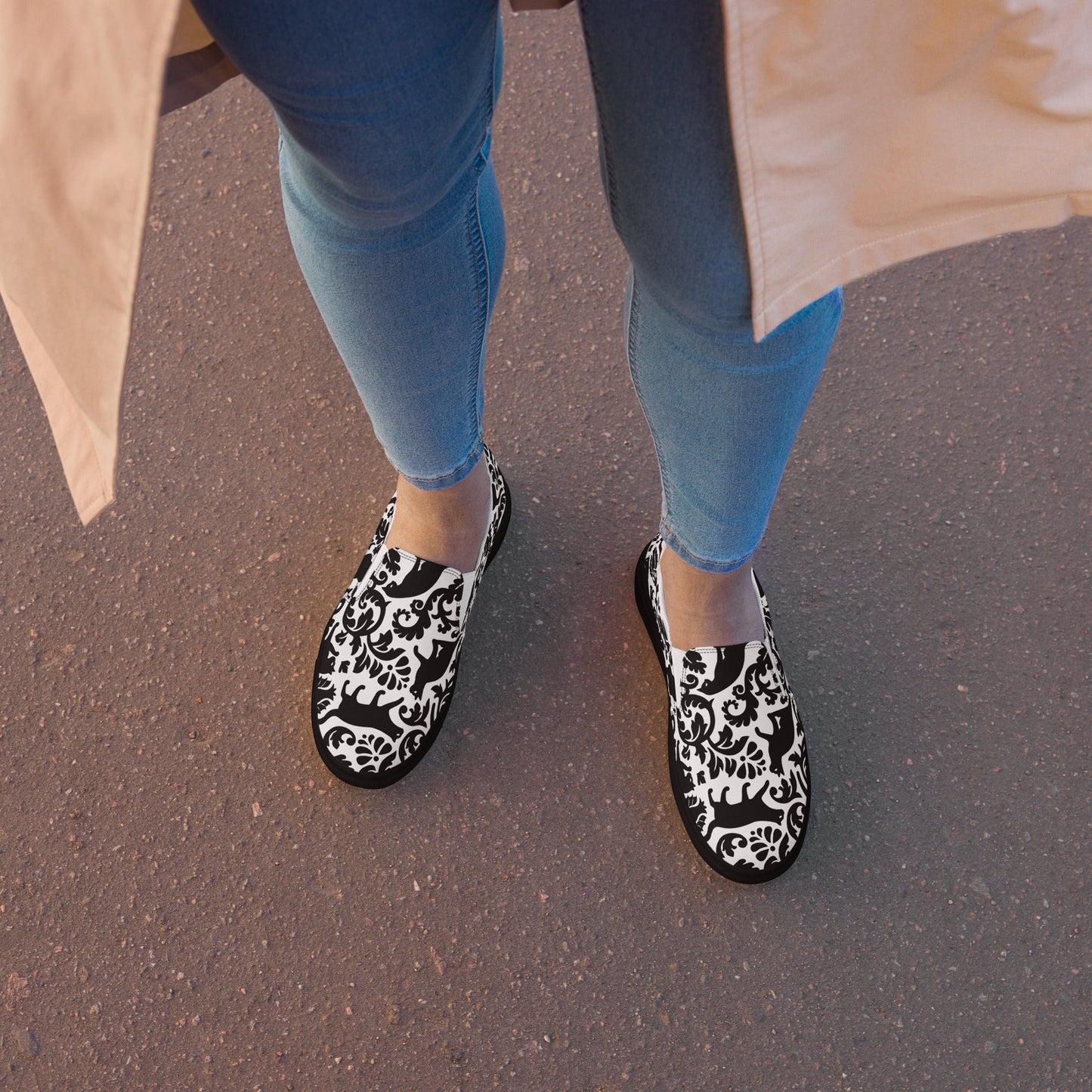Cat-Themed Canvas Shoes | Black Cat Damask Design. on a model