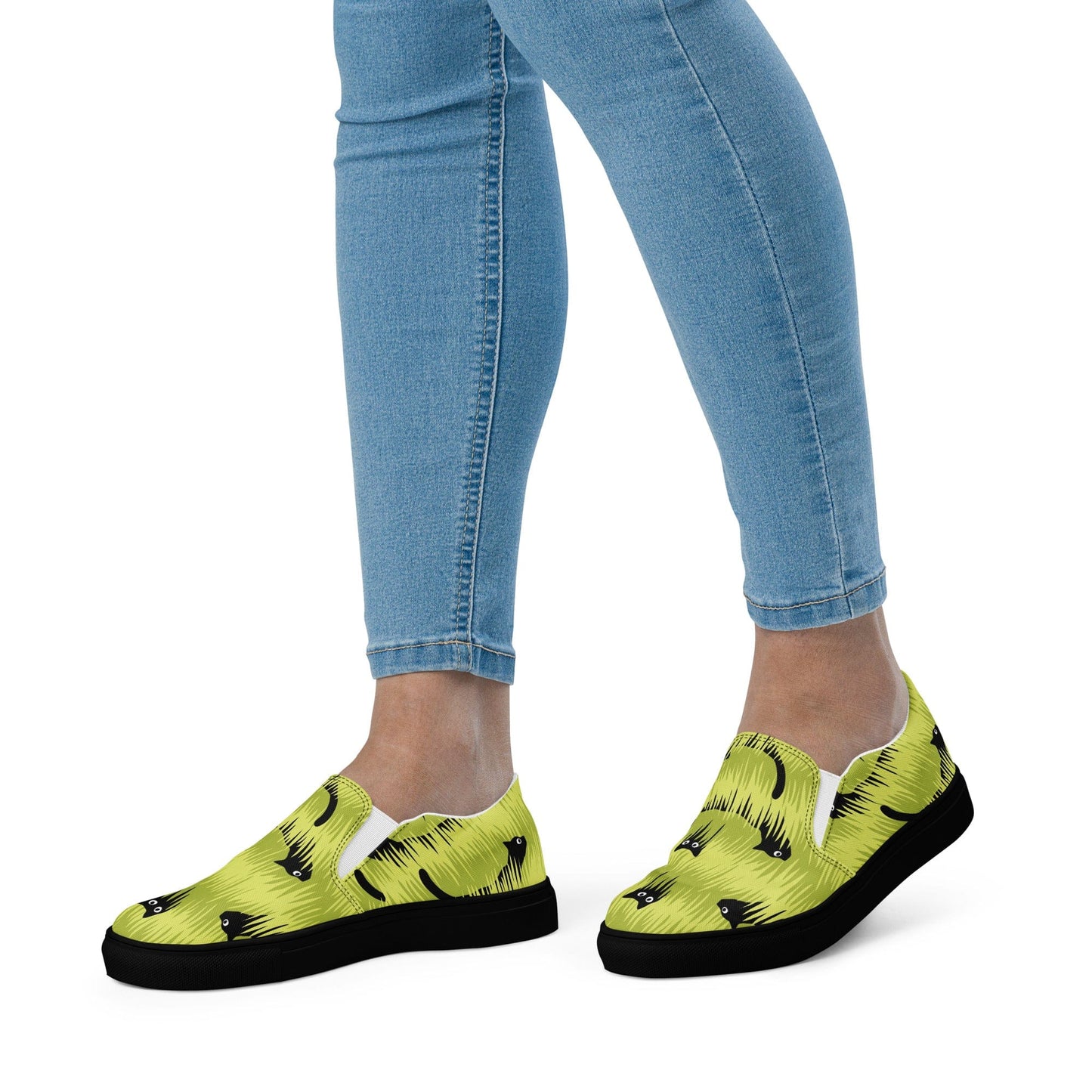 Cat-Themed Canvas Shoes | Curious Black Cat Design on model