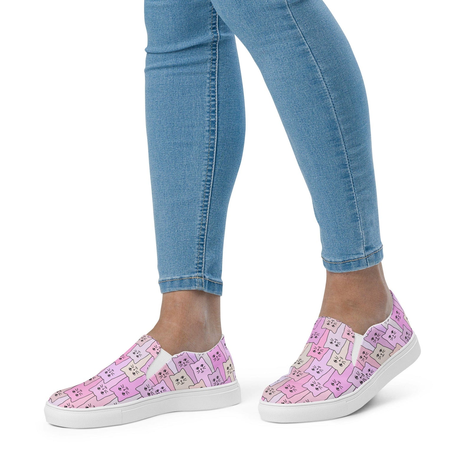 Cat-Themed Slip On Canvas Shoes- Purple. on model