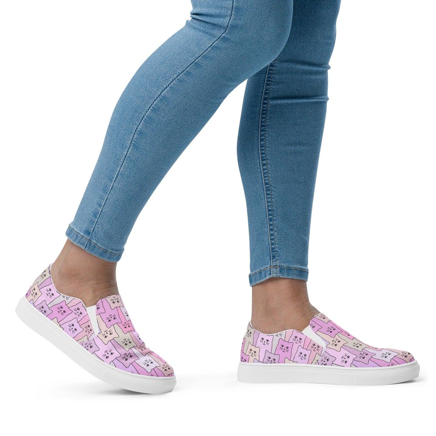 Cat-Themed Slip On Canvas Shoes- Purple. on model