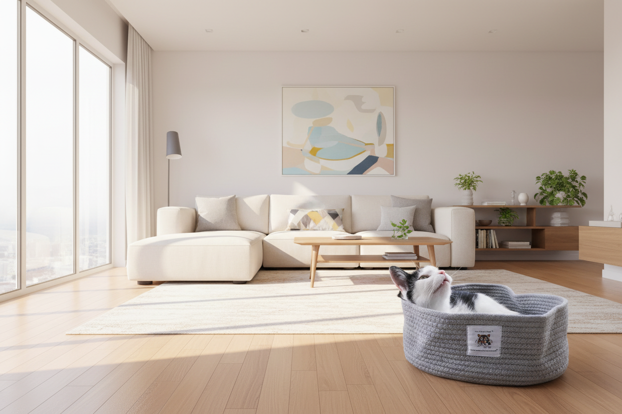 Modern living room with a cat lying in a gray cotton rope pet basket on the floor