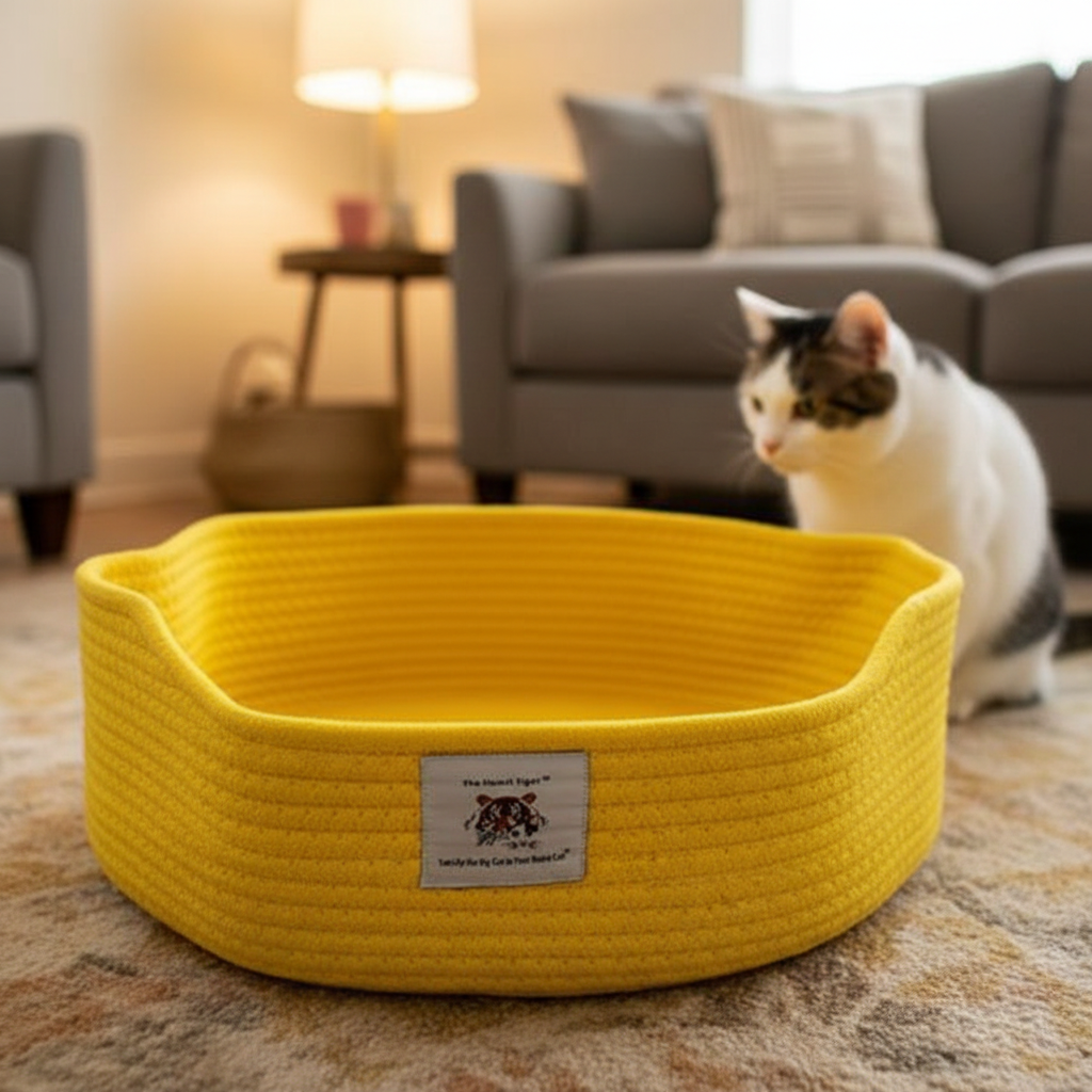 Bright yellow cotton rope Cat Bed with a Triple T Studios brand label in a living room setting next to a cat.