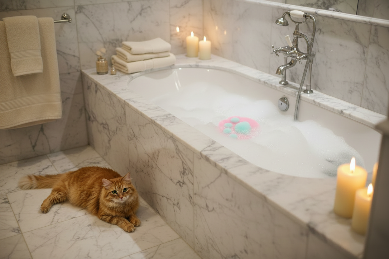 Cat lying on a marble floor next to a bathtub with a Pink Paw Print bath sponge, candles, and towels.
