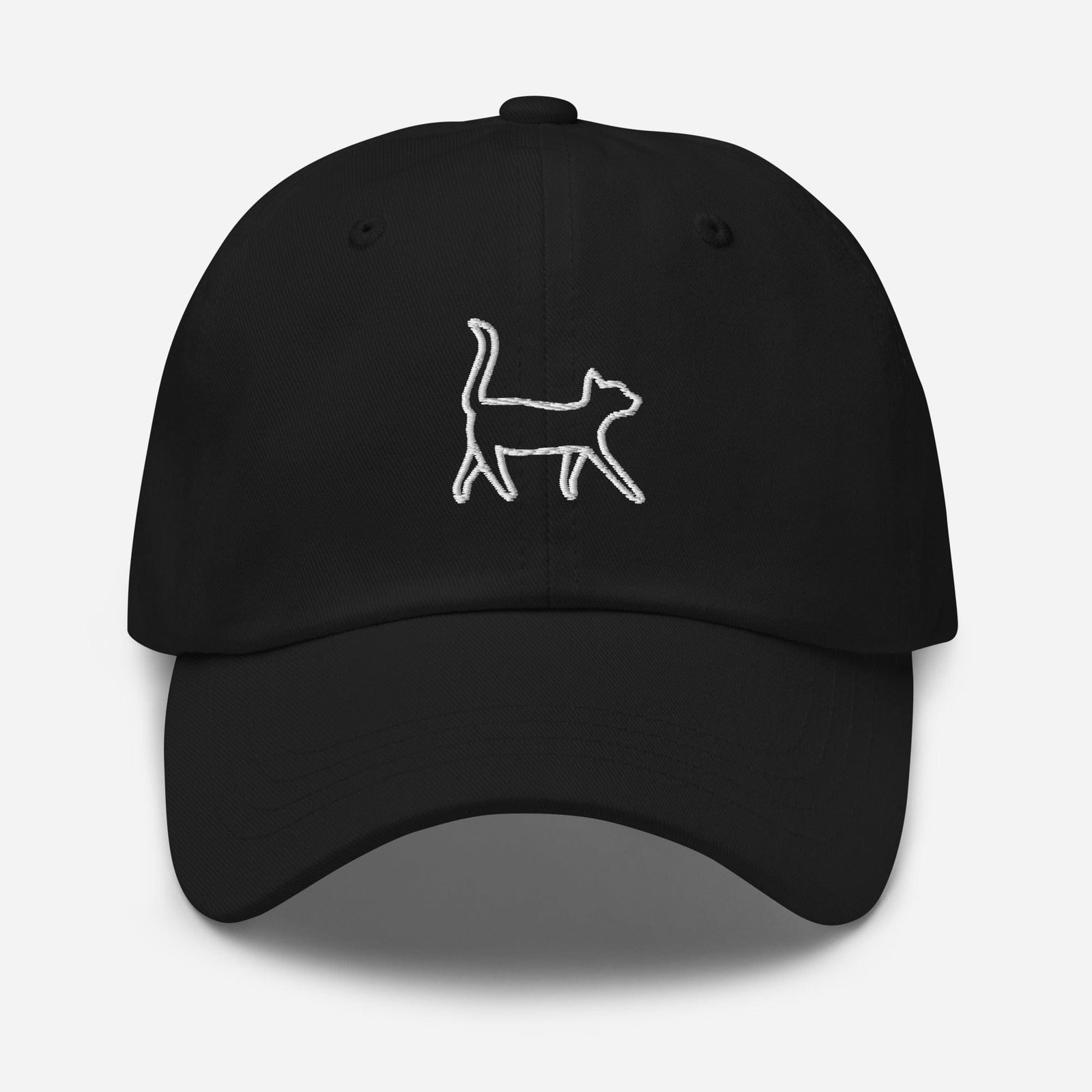 Black cap with a white cat illustration on a light gray background
