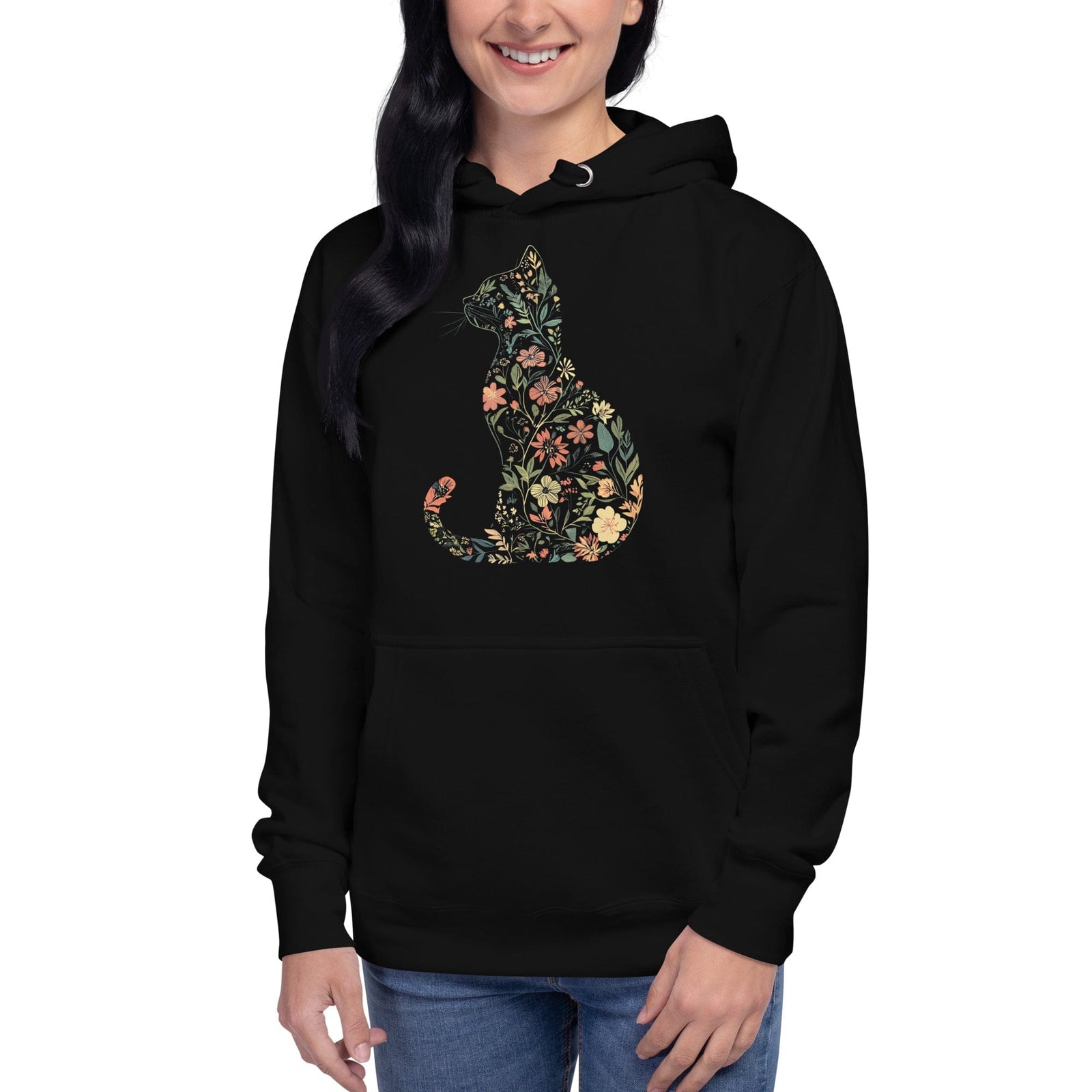Person wearing black hoodie with colorful floral cat silhouette on the front
