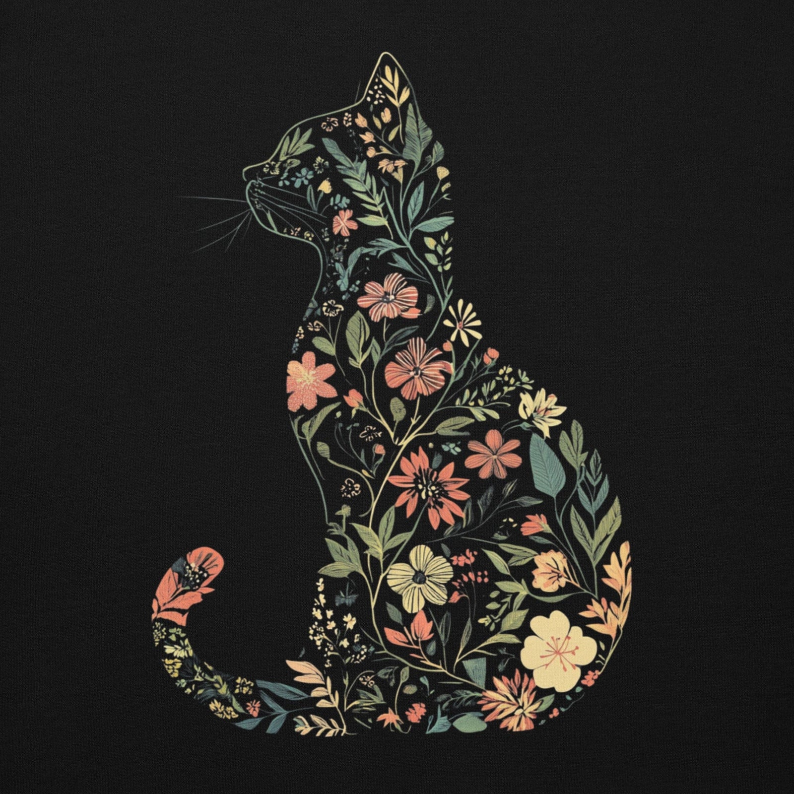 Colorful floral cat silhouette on black background