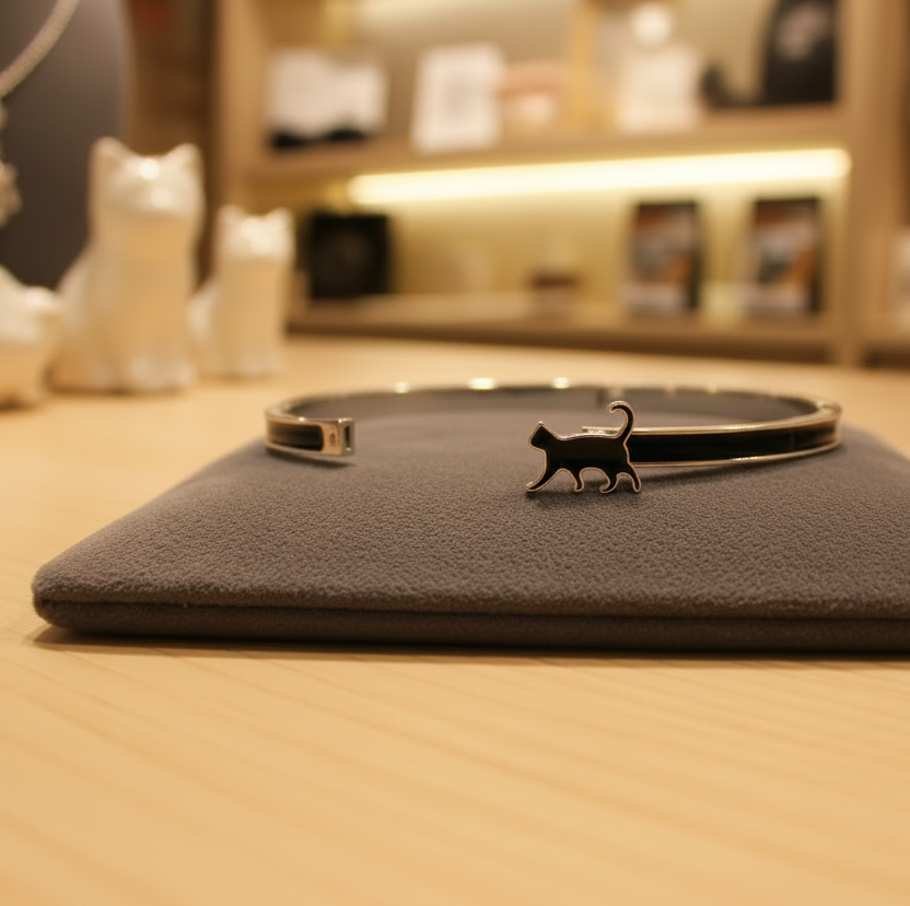 A silver-toned cuff bangle bracelet with a small black cat lever to open. Displayed on a dark gray jewelry pad on a light wood table.