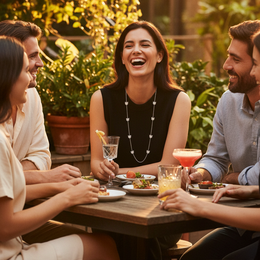 Group of people enjoying a meal outdoors with drinks, surrounded by greenery.