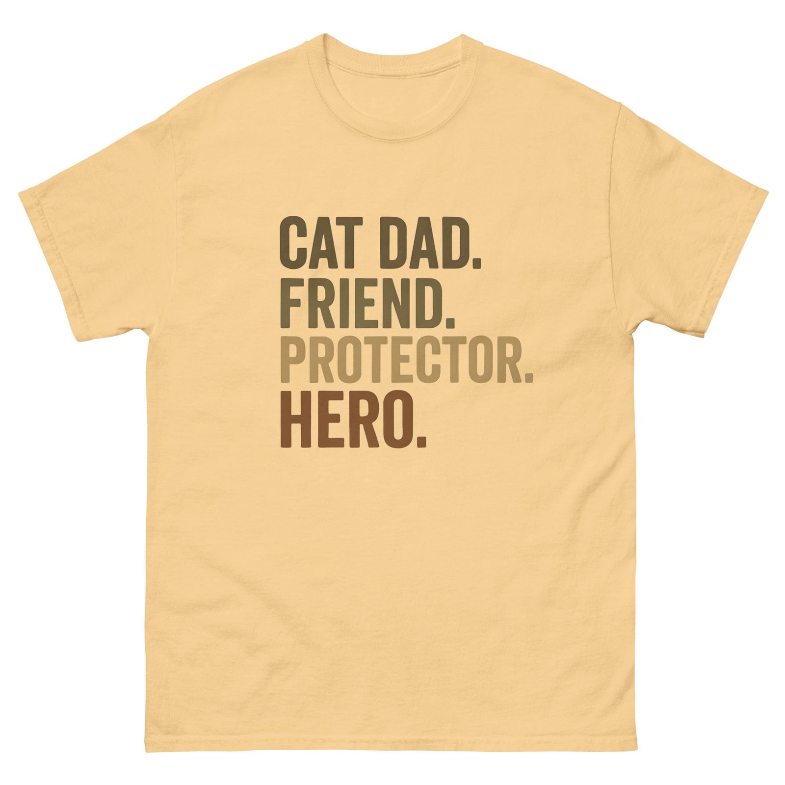 light yellow-brown shirt that says cat dad, friend, protector, hero
