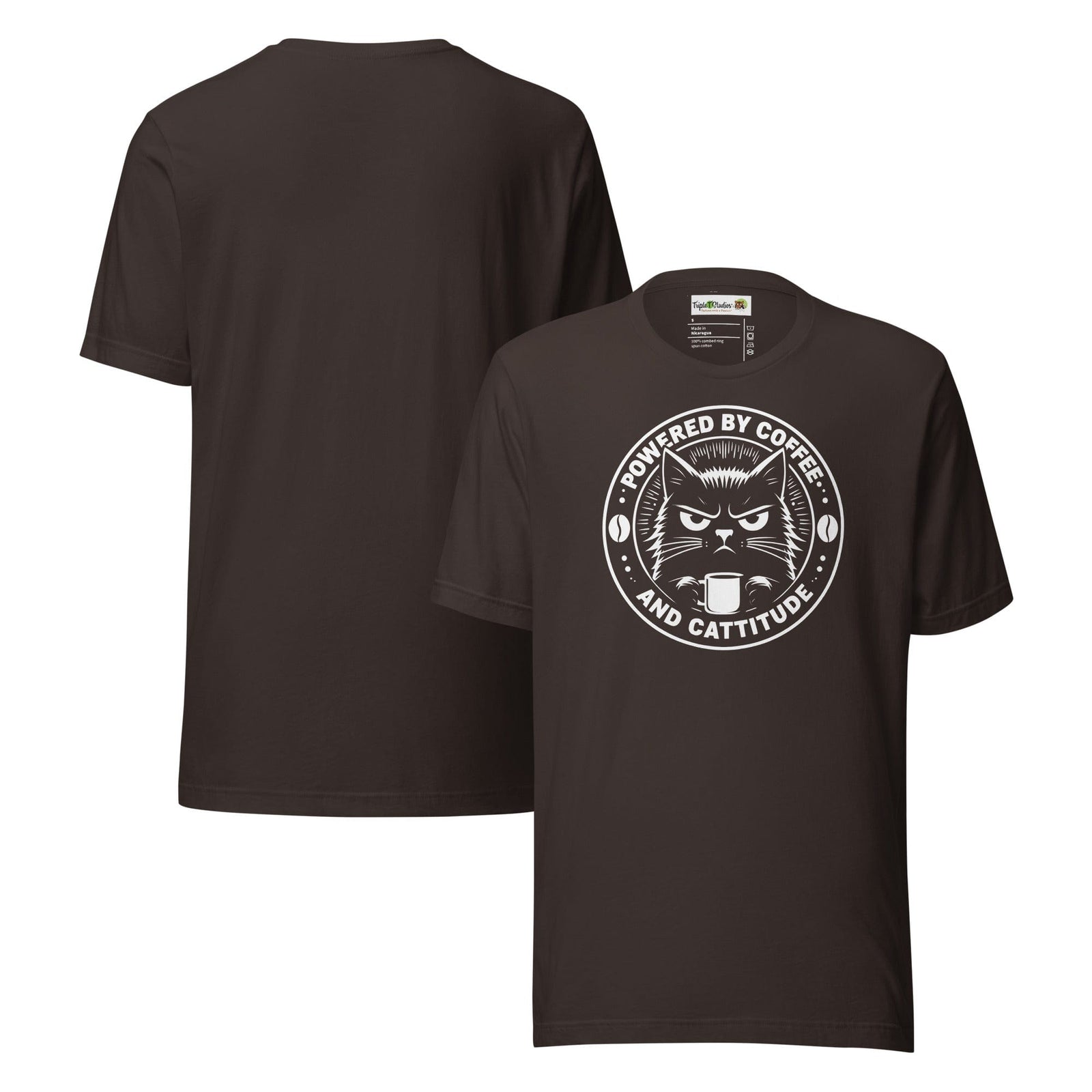 Cat T-Shirt | Powered by Coffee and Cattitude. Front and Back