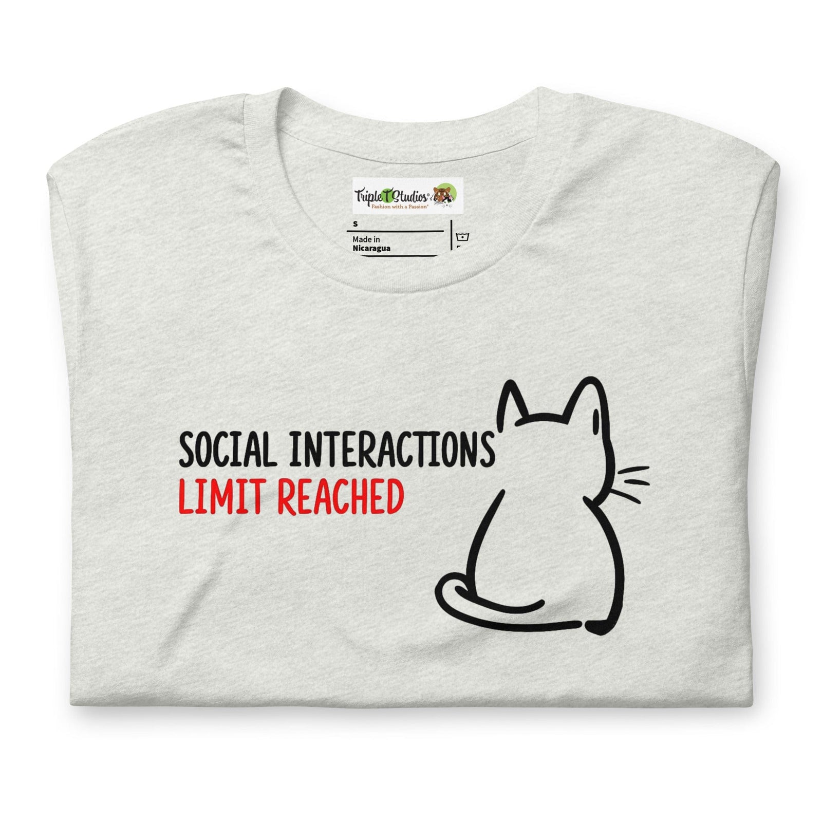 Cat T-Shirt. Social interactions Limit Reached. Graphic closeup
