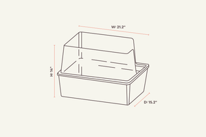 Tuft paw cat litter box cubby diagram labeled with dimensions featured on white background