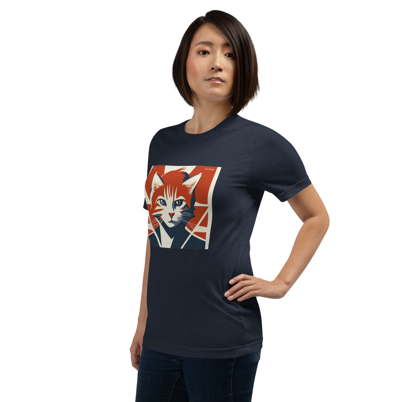 Woman wearing a cat-themed t-shirt with an cat interpretation of a Bowie album cover but it says Meowie.