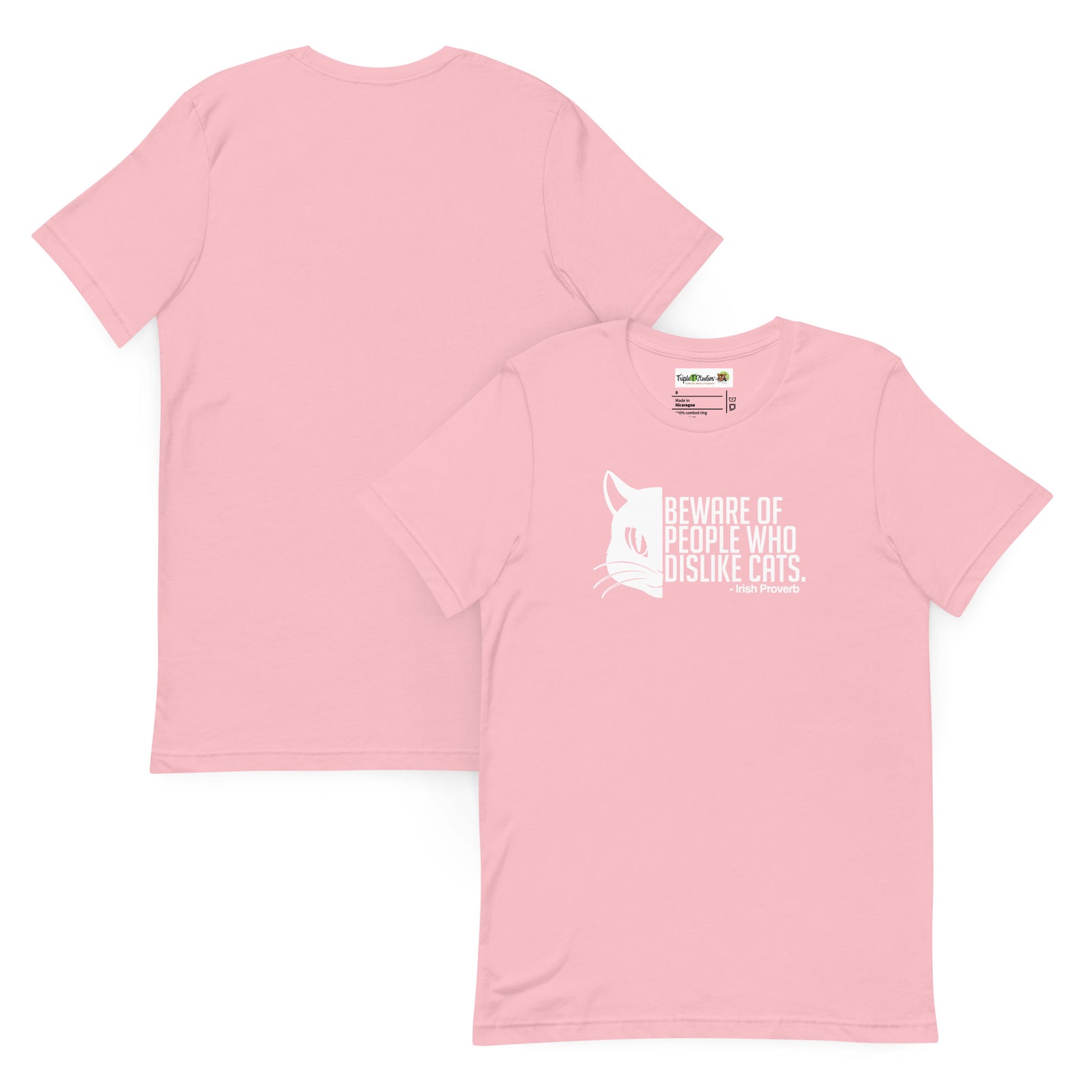 Pink t-shirt with a cat graphic and text on a white background