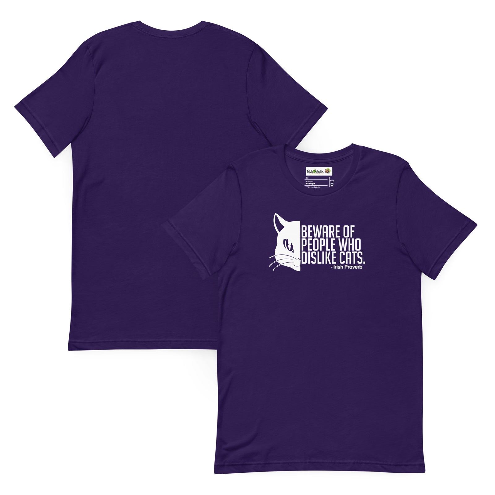 Purple t-shirt with a graphic and text on a white background