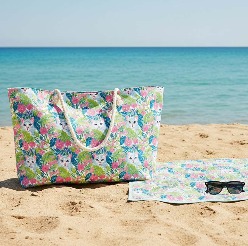 Floral-patterned tote bag and towel on a sandy beach with ocean in the background
