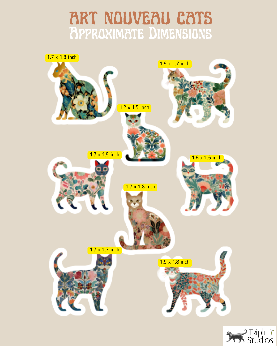 8 vinyl decals | Art Nouveau Cats