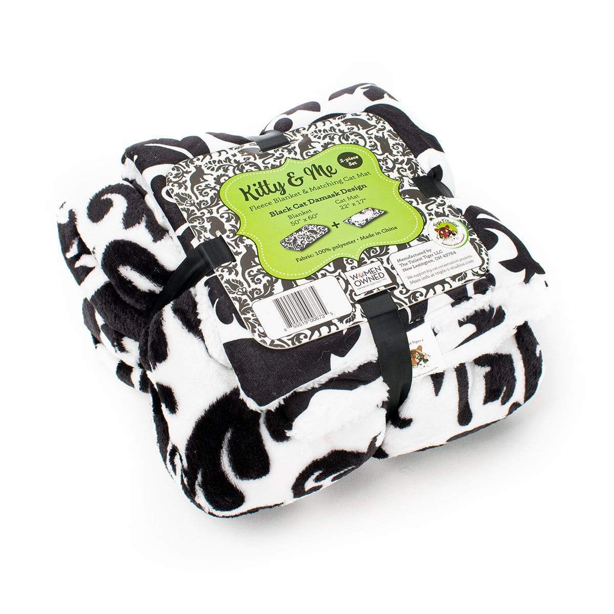 Kitty & Me. Black Cat Damask Design blanket and cat mat