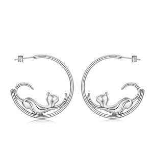 Cat Earrings-Silver Cat Hoop Earrings