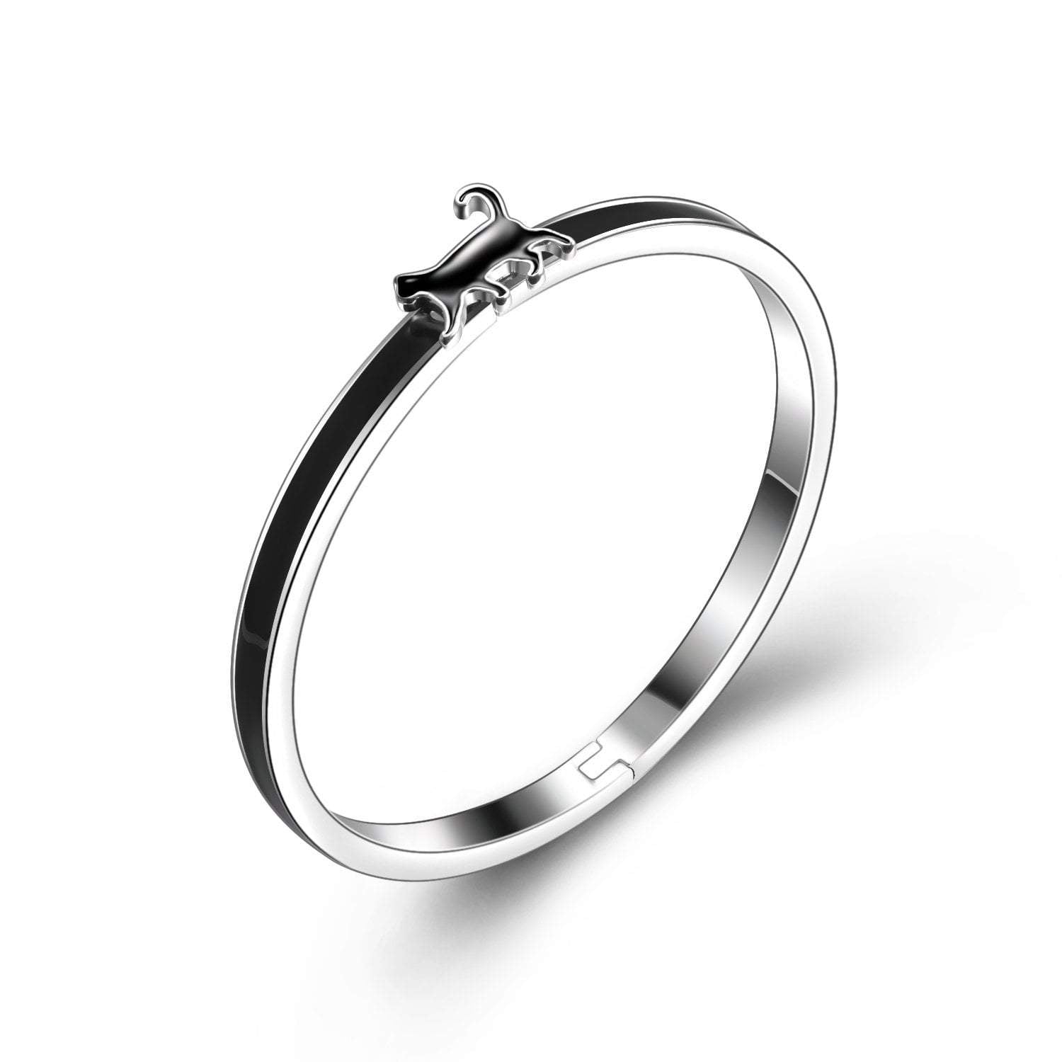 A black and silver enamel cat bangle bracelet with a secure latch, displayed on a white background.