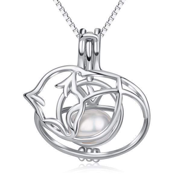 Silver Cat Pendant on a silver necklace cradling a central pearl on a white background