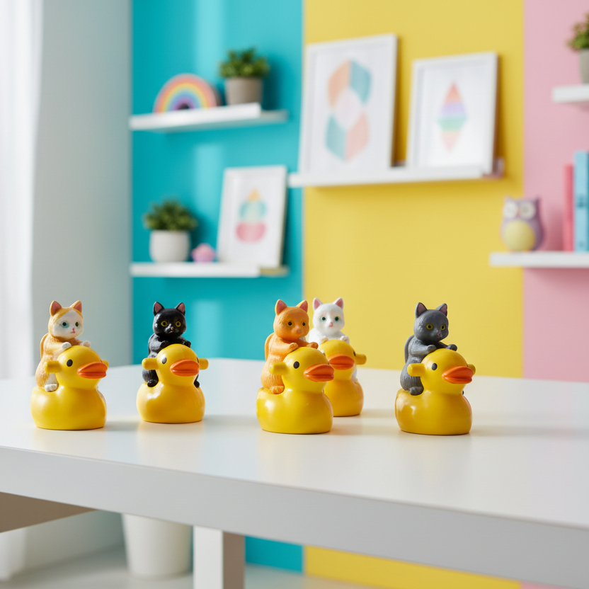 Colorful rubber duckies with cats on a desk against a colorful wall.
